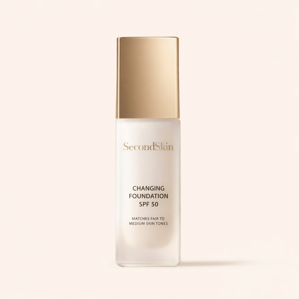 SecondSkin Changing Foundation SPF 50 — flacon blanc fond blanc
